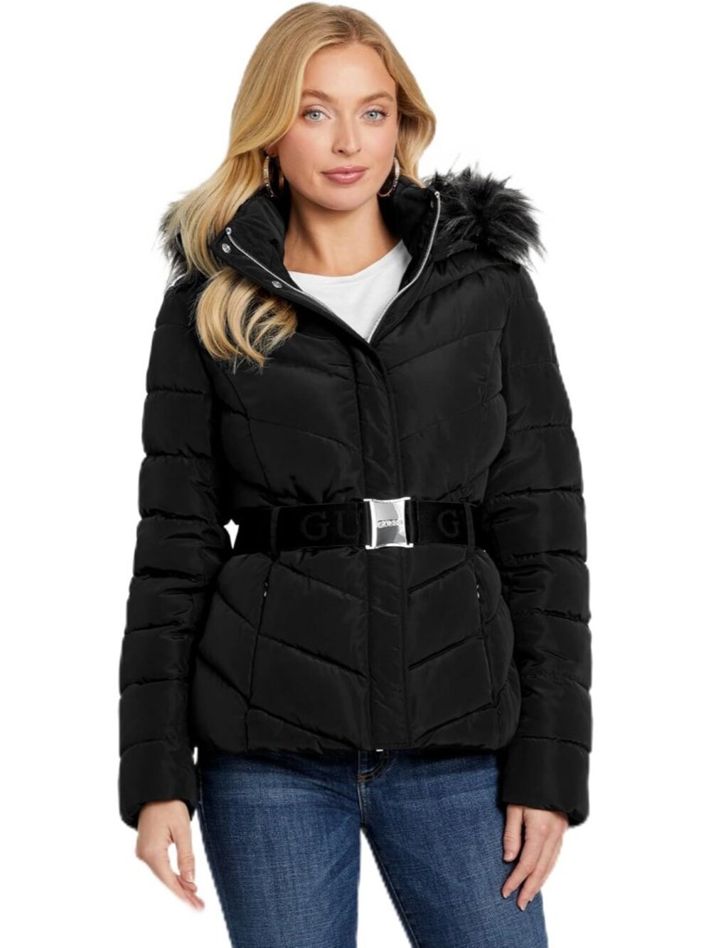 Guess Women's Jet Black Imported Polyester Quilted Tally Belted Puffer Jackets